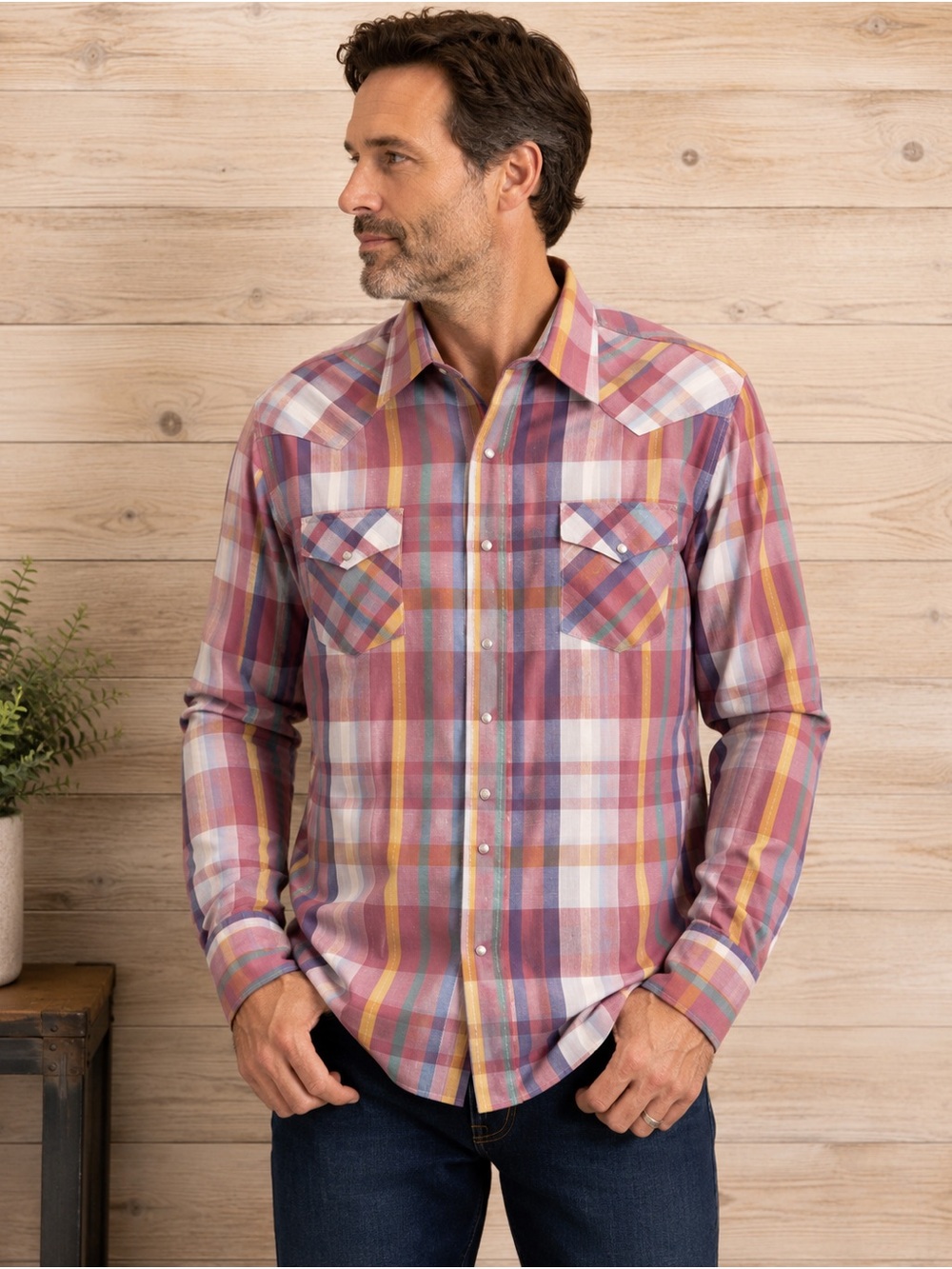 Karman Western Pearl Snap Plaid Shirt Men’s M Cowboy Vintage Style